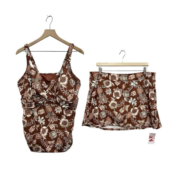 Lands End Tankini Skirt 2 PC Set Size 20W Floral Brown - Picture 1 of 9